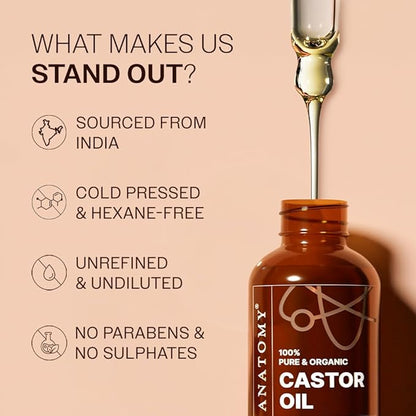 Bare Anatomy 100% Pure & Organic Castor Oil –Cold Pressed, Unrefined, USDA Certified, Hexane-Free | For Hair Growth, Thicker Eyelashes & Eyebrows| Suitable for Body, Skin & Nails | 50 ml