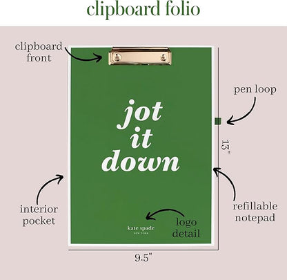 Kate Spade New York Clipboard Folio with Low Profile Clip, Professional Padfolio Includes Lined Notepad, Pen Loop, and Pocket (Jot it Down)