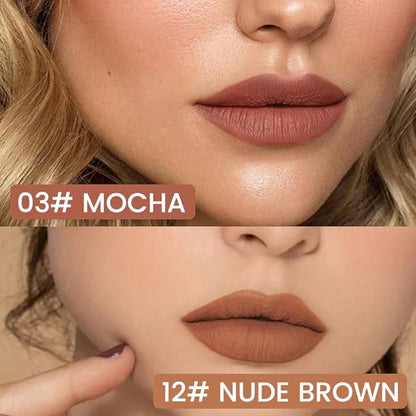 2Pcs Longwear Liquid Lip Liner Stain Marker Pen Set Long Lasting Waterproof, Mocha Nude Brown Matte Semi Permanent 24 Hour Lip Liner and Lipstick Combo, Color Stay Lipliner All Day Lip Stains peel off