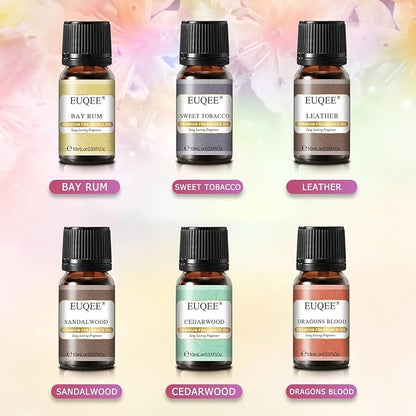 EUQEE 6PCS Fragrance Oils for Men, Men's Pubs Gift Set Premium Fragrance Oils -10ml-Leather, Sweet Tobacco（New Name-Honeyed Haze）, Dragons Blood, Sandalwood, Bay Rum, Cedarwood (Men's Pubs)