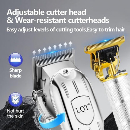 Professional Hair Clipper Set, Gold, LED Display, with Trimmer, 8 Guide Combs, Barber Shaver Set, with Travel Case and Haircut Cape (Silver)