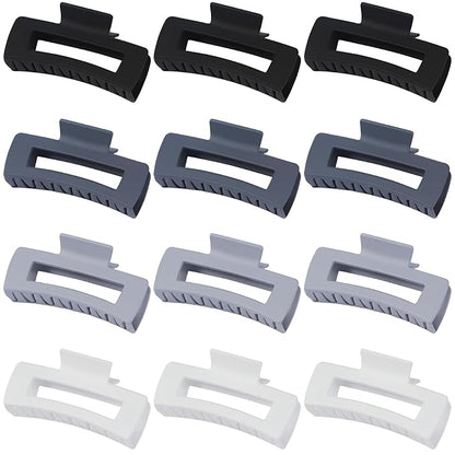 12 Pcs Large Hair Clips for Women, 4.2 Inch Square Claw Clips, Colorful Hair Claw Clips for Thick and Thin Hair, Bulk Hair Accessories for Women and Girls - Grey
