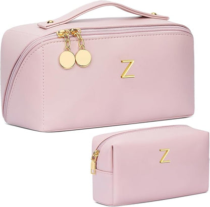 Birthday Gifts for Women Teen Girl, Personalized Initial Makeup Organizer Bag Set, Open Flat Travel Cosmetic Bag With Clear Divider and Handle(Pink,Z)