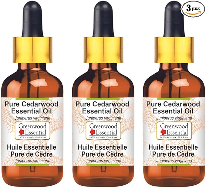 Greenwood Essential Pure Cedarwood Essential Oil (Juniperus virginiana) with Glass Dropper Steam Distilled (Pack of Three) 100ml X 3 (10.1oz)