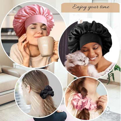 3+3 Large Satin Bonnets with Scrunchies for Women, Wide Band Hair Bonnet for Sleeping Braids Curly Hair