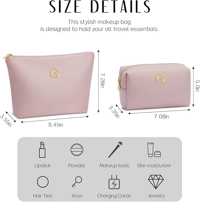 Women Gifts | Initial Makeup Bag Set for Girl Personalized Gifts for Bridesmaid Friend Graduation Teachers PU Leather Cosmetic Travel Toiletry Bag(Pink,G)