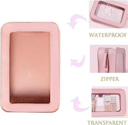 Clear and Waterproof Makeup Bag Portable Travel Cosmetic Case Organizer for Women Toiletry Pouch with Transparent Vinyl Windows & Zippers (Pink)