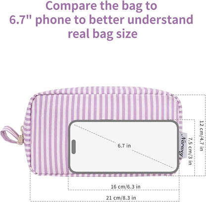 Narwey Cute Makeup Bag Small Toiletry Bag Travel Cosmetic Bag Organizer Make Up Bags with Organized Pockets for Women (Purple Stripe, Large)