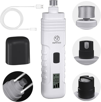 PAPIFEED Dog Nail Grinder Professional Pets, 3-Speed Electric Quiet Dog Nail Grinder, Rechargeable Dog Nail Trimmers - with 2 LED Lights/2 Grinder Wheels, for Small, Medium, (White)
