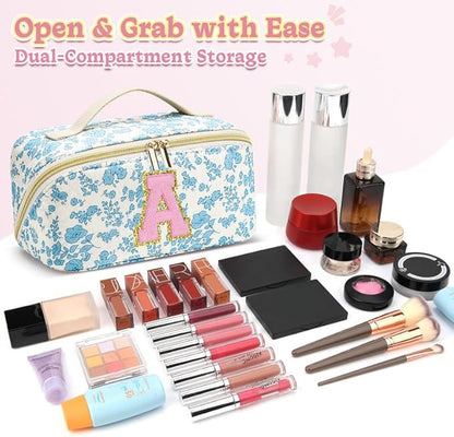 Personalized Travel Makeup Bag Set,Initial Travel Cute Floral Makeup Organizer Bag,Toiletry Skincare Cosmetic Bag,Christmas Gifts for Women/Girls,Open Flat Toiletry Pouch with Brush Pocket-D