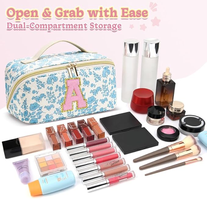 Personalized Travel Makeup Bag Set,Initial Travel Cute Floral Makeup Organizer Bag,Toiletry Skincare Cosmetic Bag,Christmas Gifts for Women/Girls,Open Flat Toiletry Pouch with Brush Pocket-G