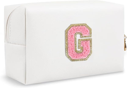 Personalized Initial Preppy Makeup Bag Organizer, Small Travel Cute White Cosmetic Bag Toiletry Zipper Pouch, Portable Waterproof PU Leather Monogram Makeup Case for Teacher Graduation Gift(Letter G)