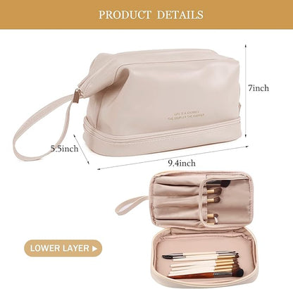 Abiudeng Large Capacity Makeup Bag Ladies Cosmetic Bag Travel Bag with Compartments Portable PU Leather Travel Makeup Bag with Handle
