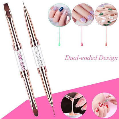 2Pcs Dual-ended UV Gel Nail Brush Set Rhinestone Handle Nail Art Design Brushes Professional Nail Tools Rose Gold