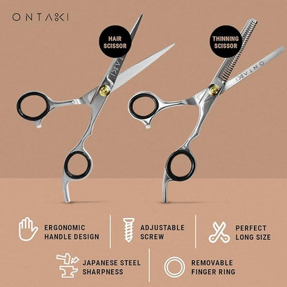 Ontaki Hair Shears & Thinning Scissors Kit - 7-Inch, Silver Japanese Steel - Precision Hair Cutting Scissors for Professionals & Home Stylists with Styling Comb & Pouch