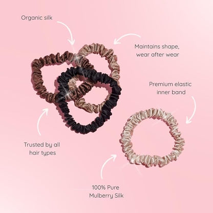 SILKIE x4 Set - Forget Satin - 100% Pure Mulberry Silk Black Brown Skinny Scrunchies Travel Pouch Everyday Hair Ties Elastics Hair Care Ponytail Holder No Damage (Chocolate)