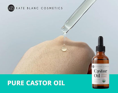 Kate Blanc Cosmetics Castor Oil Organic for Hair, Lashes, Face (2oz), 100% Pure, Cold Pressed, Hexane Free. Eyelash Serum for Thicker-Looking Eyelashes & Eyebrows