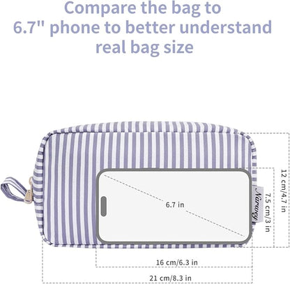 Narwey Cute Makeup Bag Small Toiletry Bag Travel Cosmetic Bag Organizer Make Up Bags with Organized Pockets for Women (Greyish Blue Stripe, Large)