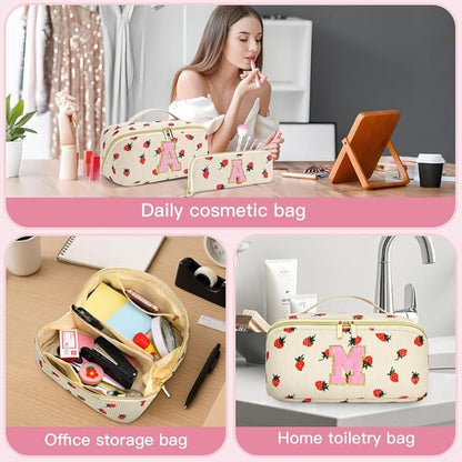 Personalized Travel Makeup Bag Set,Initial Travel Strawberry Makeup Organizer Bag,Toiletry Skincare Cosmetic Bag,Christmas Gifts for Women/Girls,Open Flat Toiletry Pouch with Brush Pocket-K
