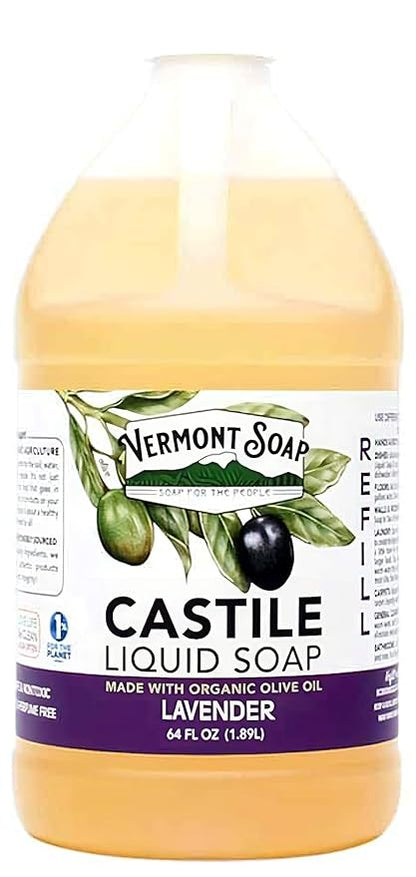 Vermont Castile Soap Lavender, Gentle Liquid Soap for Sensitive Skin & Natural Body Wash, Organic Hair Shampoo for Oily Hair, Aloe Castile Soap for Men & Women - 64 Oz