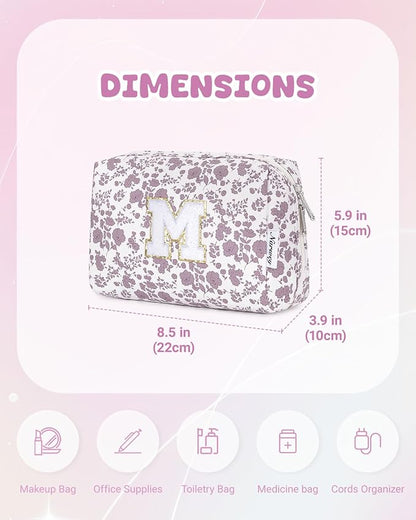 Narwey Birthday Gifts for Teen Girls Kids Women Personalized Initial Floral Makeup Bag Cute Cosmetic Trendy Stuff 6 8 10 11 12 13 14 16 18 Years Old Travel Toiletry Bag (Little Dusty Pink Flower M)