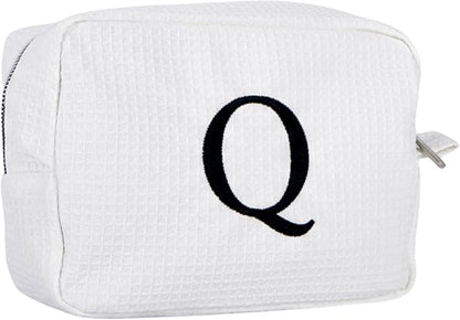 Personalized White Waffle Makeup Bag,Custom Embroidered Initial Cosmetic Pouch for Women,Monogrammed Cosmetic Case,Bridesmaid Gifts (Q)