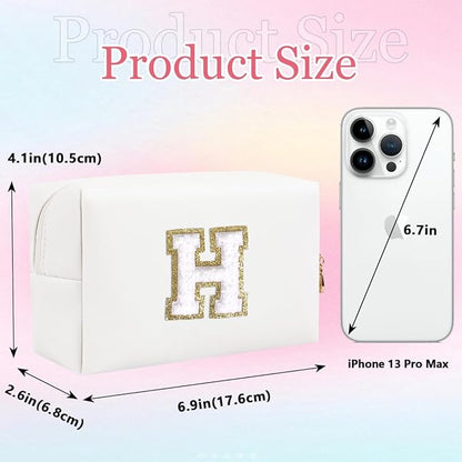 Small Personalized Letter Makeup Bag, Cute PU Leather Chenille Letters Cosmetic Bag Travel Makeup Pouch, Preppy Travel Organizer Zipper Pouch for Women&Girls（White-H）
