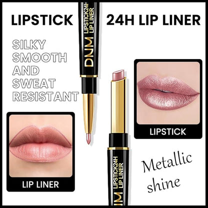 Kaely 2-in-1 Rose Nude Pink Metallic Shine Shimmer Lip Liner & Lipstick Combo Set Kit for Women, Lightweight Hydrating Formula High Impact Full Coverage Lipstick and Lip Liner Makeup Gloss 17