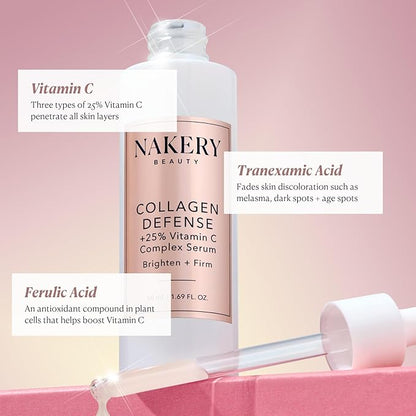 Nakery Collagen Defense Face Serum, 25% Vitamin C Complex with Niacinamide and Peptides, Anti Aging Collagen Booster for Wrinkles and Dark Spots, Brightening Skin Treatment, Made in USA