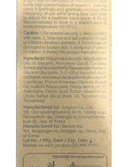 BENTON Vitamin C Serum - Korean Skin Care, White Serum for Face with 20% Pure Vitamin C, Skin Texture & Elasticity Care, Face Moisturizer for All Skin Types(1.01 fl. Oz.)