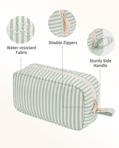 Narwey Small Makeup Bag for Purse Travel Makeup Pouch Mini Cosmetic Bag Zipper Pouch for Women (Mint Green Stripe, Small)