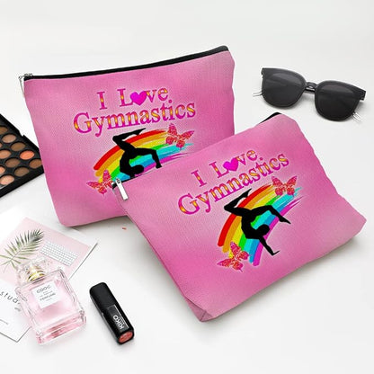 Cute Makeup Bag for Purse Canvas Waterproof Funny Cosmetic Bags for Women Zipper Travel Toiletry Pouch-I Love Gymnastics Makeup Bags-Pink