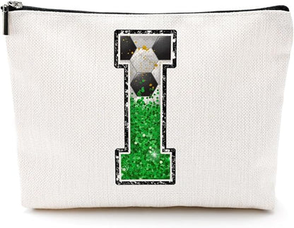 Soccer Gifts Initial Makeup Bag Monogrammed Cosmetic Bag Letter I Zipper Pouch Soccer Accessories for Girls Women Soccer Player Coach Friend Soccer Stuff Graduation Birthday Gifts