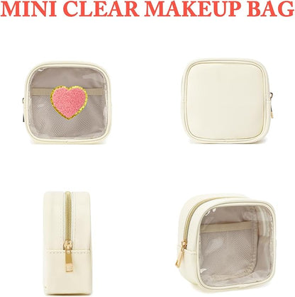 Clear Makeup Bag with 2 Cute Chenille patterns - Waterproof PU Leather Cosmetic Case, Mini Personalized Toiletry Pouch for Women & Teens, ideal for Travel & Gift
