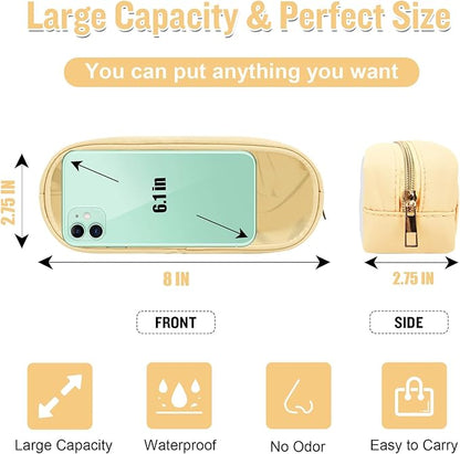 Nylon Slim Makeup Bag, Cute Preppy Cosmetic Zipper Pouch, Travel Toiletry Bag Clutch Coin Pouch for Women Girls (Beige)