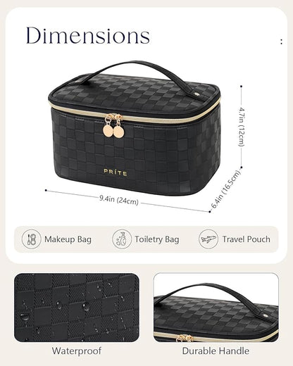 Prite Makeup Bag Portable Cosmetic Organizer with Brush Holder Waterproof Travel Toiletry Bag for Women with Handle and Divider (Checkered Black)