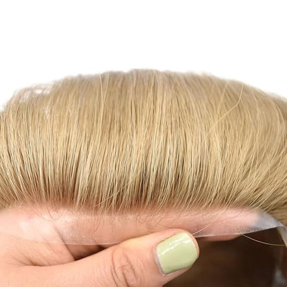 Mens Toupee Human Hair Piece French Lace Toupee for Man Hair System Indian Human Hair Replacement Systems V-Looped PU Front Hairpieces 6"X8" #20 light ash blonde