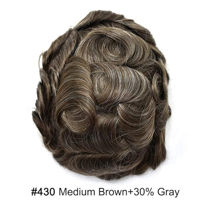 Toupee for Men French Lace Center Human Hair Replacement Systems Transparent Lace Center Hair Piece Mens Toupee Hair Units for Man V-Looped Front 8"X10" #430 4# MEDIUM BROWN WITH 30% SYNTHETIC GREY