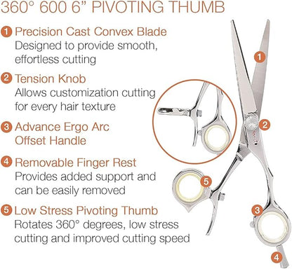 Cricket Centrix Roc-It Dog 360 Hair Scissors Professional Hair Cutting Scissors – 360° Pivoting Thumb, Shears with Smooth Control and Consistent Tension – 600 6 Inch Stainless Steel Shear for Stylists
