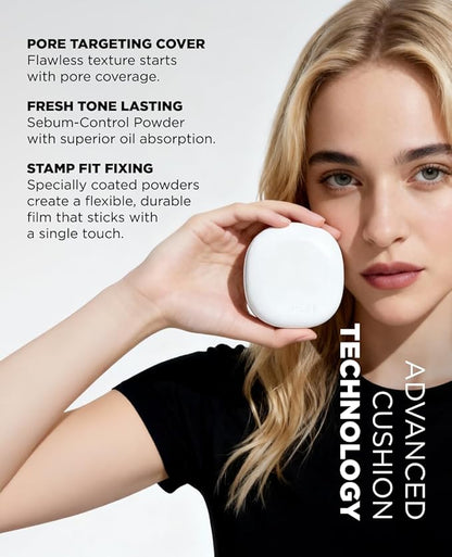 EITHER& Glow Pixel Cushion Foundation, Natural Coverage, Glow Finish – Up to 100 Hours, Moisturizing and Hydrating, Korean Beauty (#17P Porcelain, 12g)