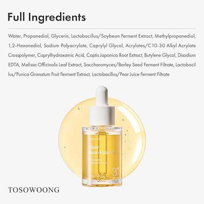 TOSOWOONG Glow Bean Essence, 31,025ppm Soybean Ferment Extract, Glass Skin, Exfoliating, Hydrating, Radiant, Moisturizer, Barrier, Face Serum, Korean Skin Care, 33ml / 1.11 fl. oz.
