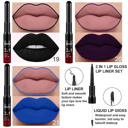 evpct 3Pcs Dark Black Purple Royal Blue Matte Lip Liner and Liquid Lipstick Lip Stain Makeup Set Smudge Proof, 24 Hours Original Long Lasting Matte Lipstick Waterproof labial mate larga duracion 24
