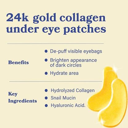 LE GUSHE Gold Under Eye Patches for Puffy Eyes and Dark Circles (20 Pairs) - Hydrating Collagen Under Eye Masks with Snail Mucin - Soothing Puffy Eyes Treatment for Women & Men - Bridesmaid Gifts