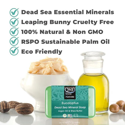 One With Nature Eucalyptus Soap 7oz 3-Pack – Rejuvenating and Exfoliating Soap Bar with Dead Sea Salt for Face & Body, for Men & Women