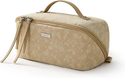 EACHY Travel Makeup Bag, Large Toiletry Bag for Women, Flat-Opening Organizer Pouch with Compartments