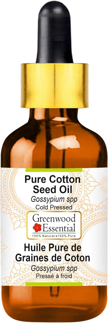 Greenwood Essential Cotton Seed Oil (Gossypium spp) with Glass Dropper | Cold Pressed | Natural | Undiluted | For Diluting Essential Oils | For Skin & Massage | Men & Women | 50ml (1.69 oz)