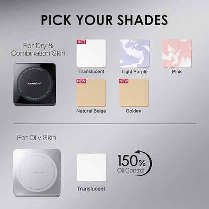 CARSLAN 1.0 Waterproof Face Pressed Powder Compact, 24H Longlasting Oil Control Pressed Setting Powder Talc-Free Makeup, Shine Free, Poreless, Smooth, 01 Natural Beige for dry&com skin (0.28Oz)