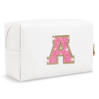 Small Personalized Initial A-Z Patch Makeup Bag,White Cute PU Leather Glitter Letter Cosmetic Bag for Teen Girls,Travel Toiletry Bag with Zipper,Preppy Monogrammed Birthday Gift for Daughter Niece A