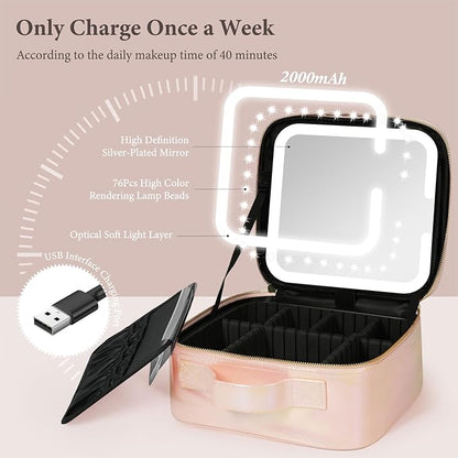 Travel Makeup Bag with LED Lighted Mirror, Cosmetic Makeup Organizer Bag with 3 Color Setting, Makeup Train Case with Adjustable Dividers for Women Makeup Brushes Jewelry Accessories