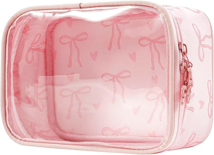 Cute Clear Makeup Bag with Bow Patten,Transparent Nylon Travel Cosmetic Case with Zipper,Portable Makeup Organizer Pouch for Essentials(04Pinkbow-pink)